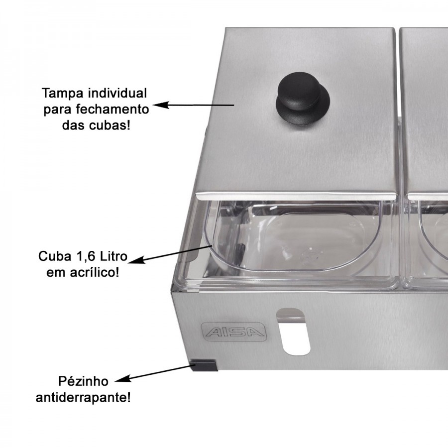 Condimentadora Pizzarola Inox 4 Cubas Acrílico Tampa Individual - Aisa